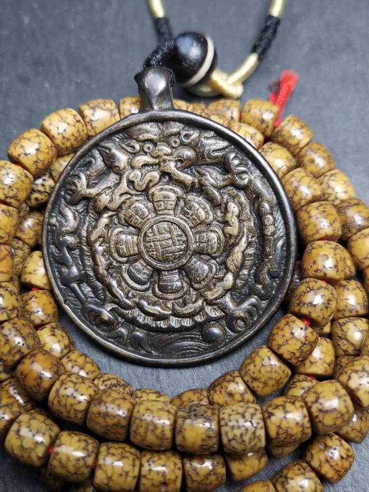 Gandhanra Vintage Tibetan Buddhist Calendar Amulet Black Sipaho Badge - Lima Brass Melong Mirror Protective Charm Feng Shui Pendant,43mm