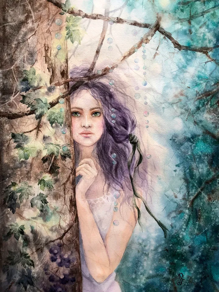 Woman in the Forest Painting Original Girl Watercolor Painting Forest Fairy