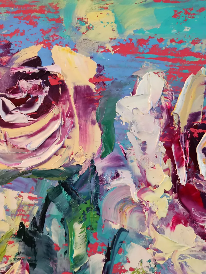 Oil Painting Flower Pink Roses Bushes Impasto Original Artist Svinar Oksana