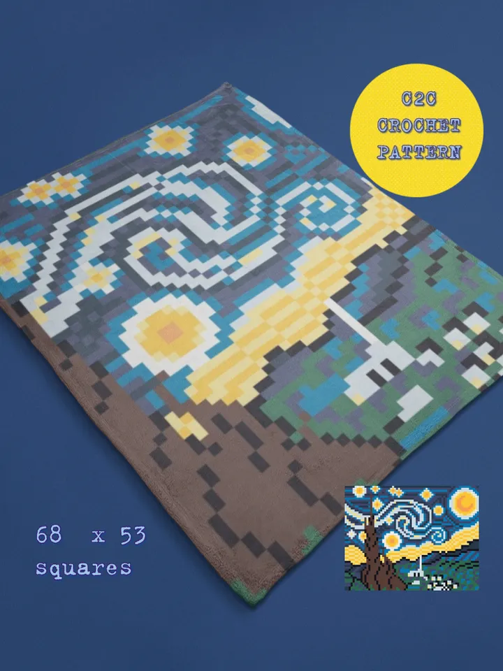 Crochet Pattern C2C Starry Night Vincent Van Gogh 1889 Vintage Counted For Crocheting Afghan Plaid Blankets Digital Download PDF