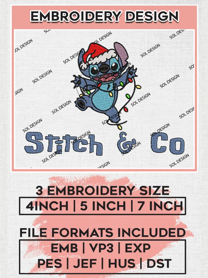 Santa Stitch And Co With Christmas Light Embroidery Design Files, Stitch Machine Embroidery, Merry Christmas Embroidery, 3 sizes, Cute Christmas Machine embroidery designs, Digital Download