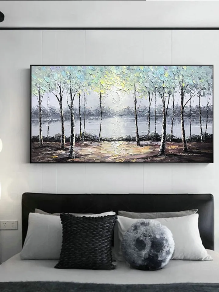 Large original oil painting on canvas,abstract art,riverside scenery,lake, trees,landscape,forest,nature,living room painting,large wall art
