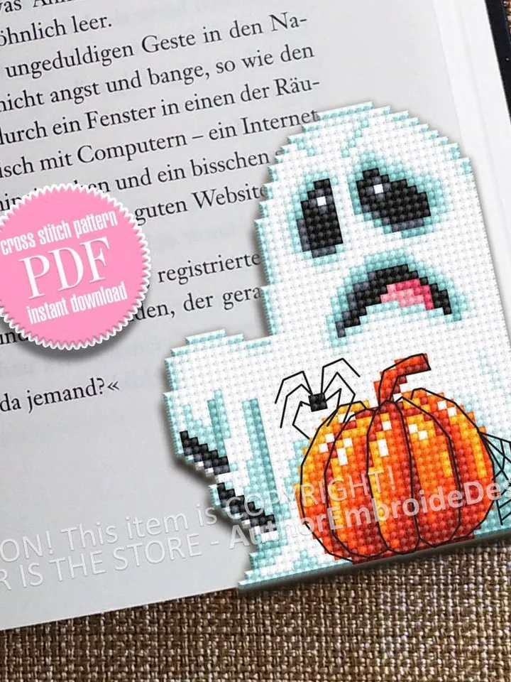 Halloween corner bookmark cross stitch pattern PDF download Spooky ghost cross stitch chart, Handmade bookmark pattern digital PDF #B343