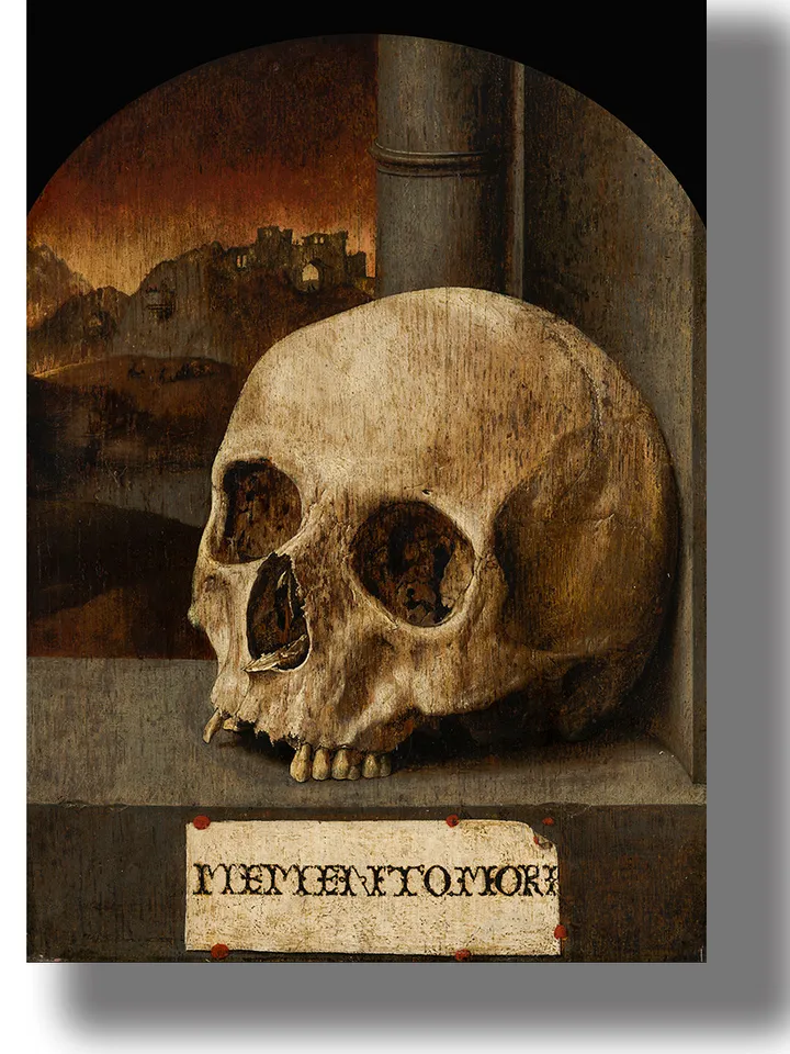 Medieval memento mori with skull.