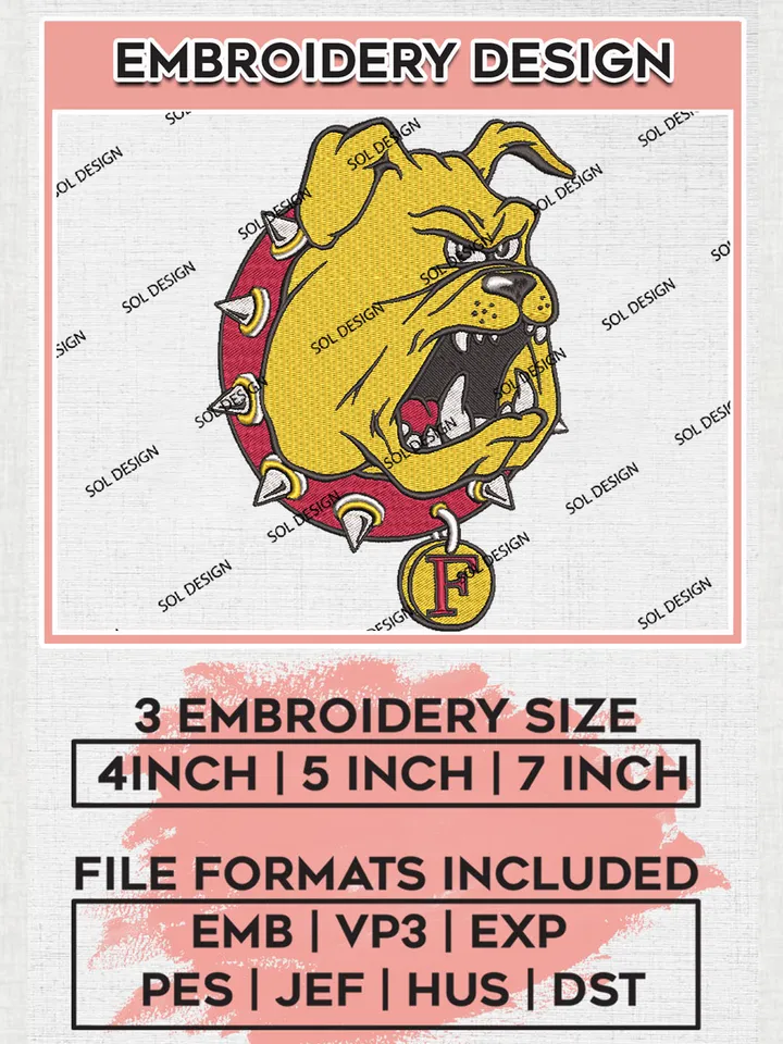 NCAA Ferris State Bulldogs Team Head Mascot Logo Embroidery Design Files, NCAA Ferris State Bulldogs Machine Embroidery, NCAA Teams, 3 sizes, NCAA Machine embroidery designs, Digital Download