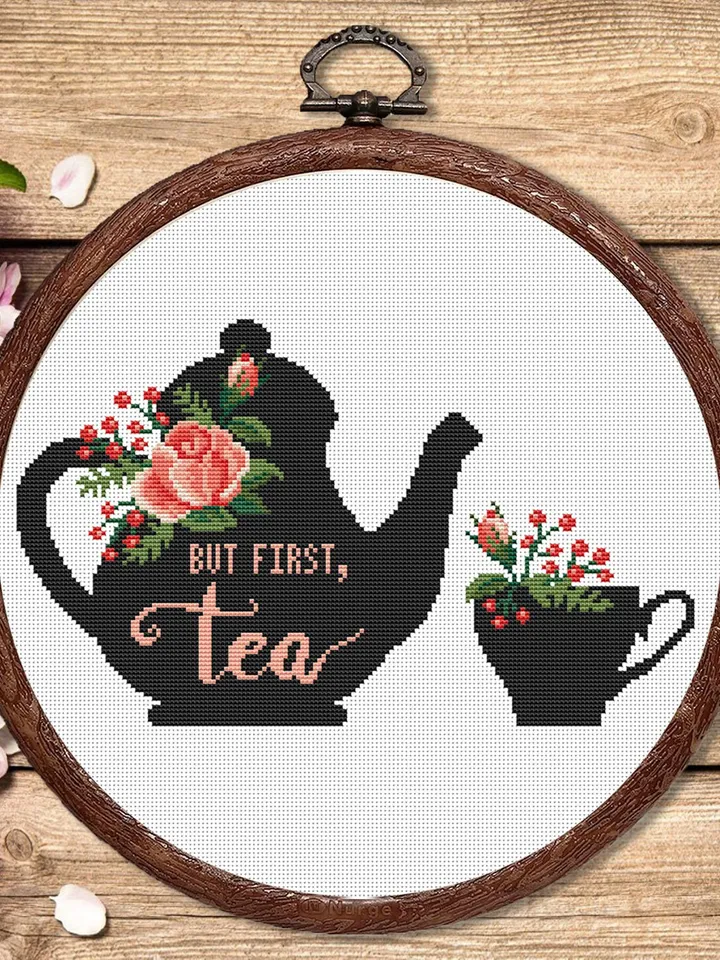But First Tea Cross Stitch Pattern, Kitchen Cross Stitch, Embroidery Tea, Cup of Tea Cross Stitch Pattern, Modern Cross Stitch #kt001