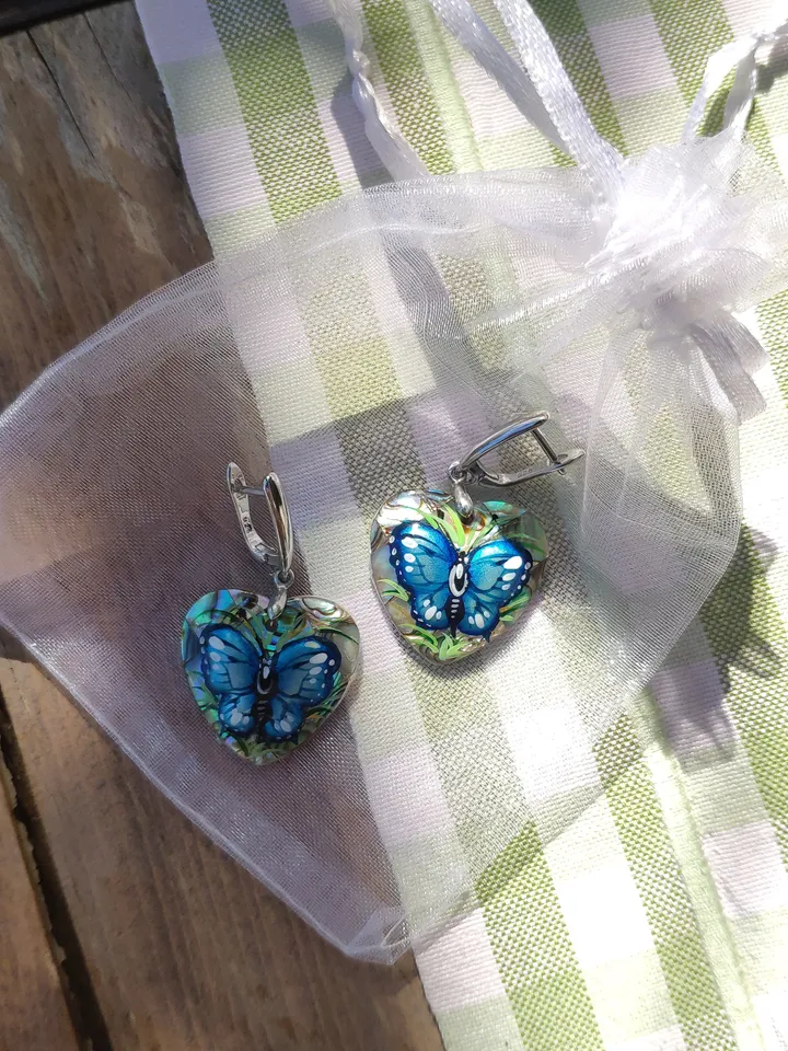 Pearl earrings: Dainty Butterfly Earrings dangle hand painted on Mother of Haliotis pearl • Heart shaped cute Art earrings for elegant women