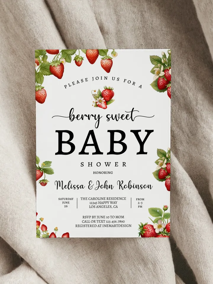 Editable Strawberry Baby Shower Invitation Berry Sweet Baby Shower Invite Berry Sweet Baby Shower Invite Printable BSH001
