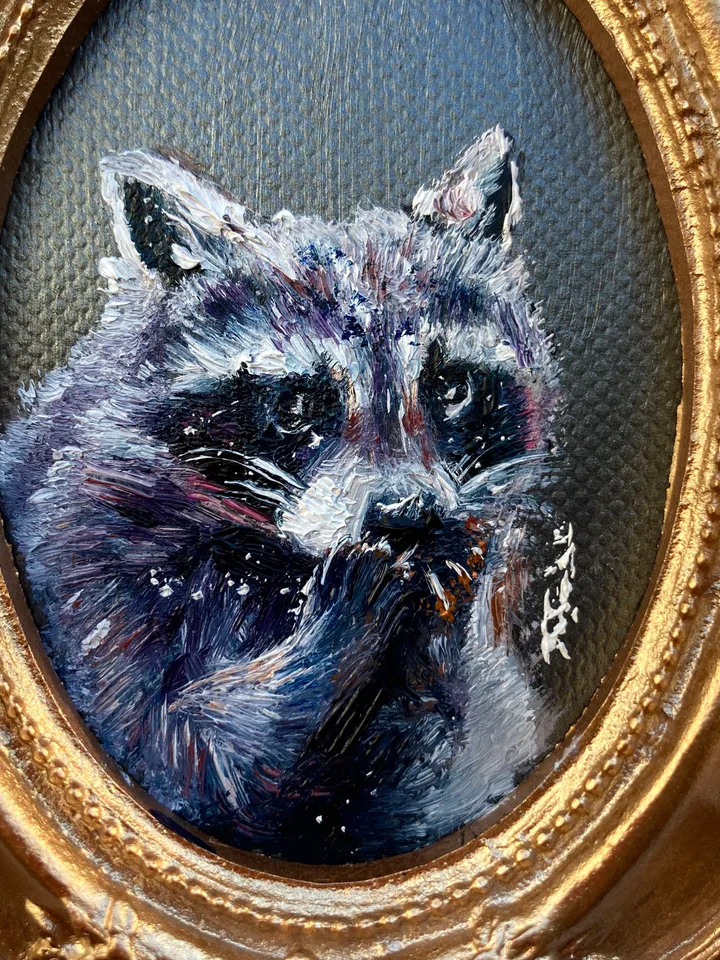 Raccoon Oil Painting Original In Vintage Style Frame Small Framed Animals Wildlife Art Oval Frame
