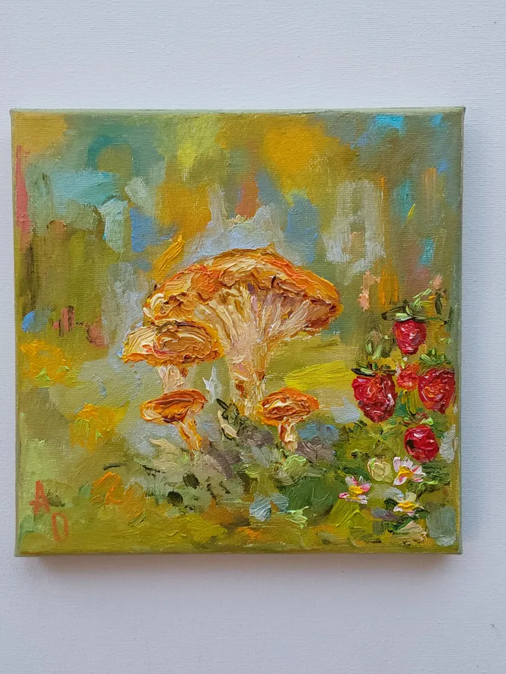 Oil painting on canvas 20x20cm (8x8 inches) "Chanterelles and strawberries"