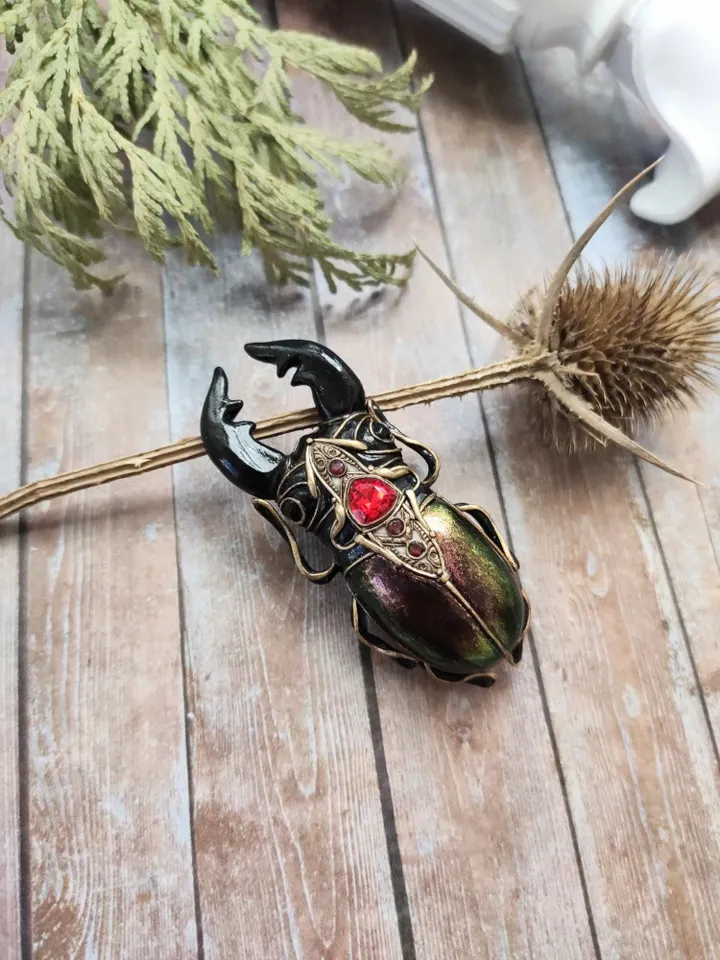 Stag Beetle, Big Beetle, Beetle Brooch, Green Beetle, Insect brooch
