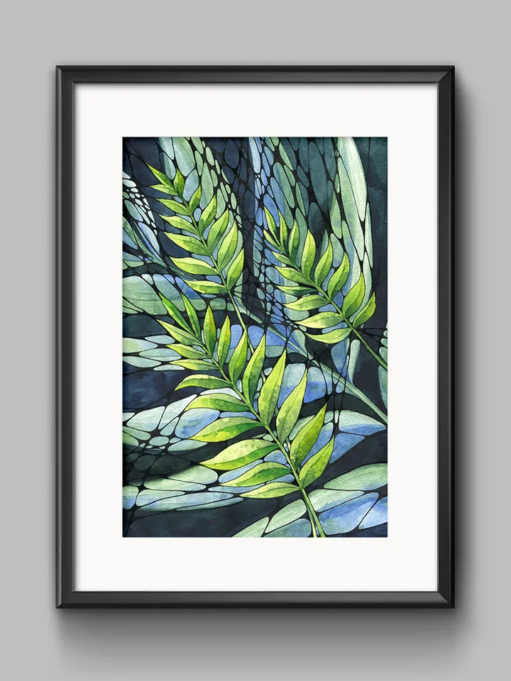 Watercolor poster with abstract leaves , Watercolor digital file JPEG, Printable, Blue-green painting, Art print, Graphics