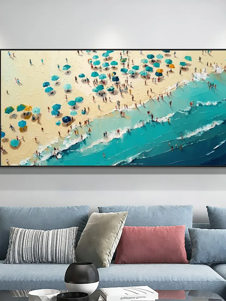 Large Original Beach Oil Painting on Canvas, Abstract Blue Seascape Painting, Texture Wall Art, Custom Painting, living room Wall Decor
