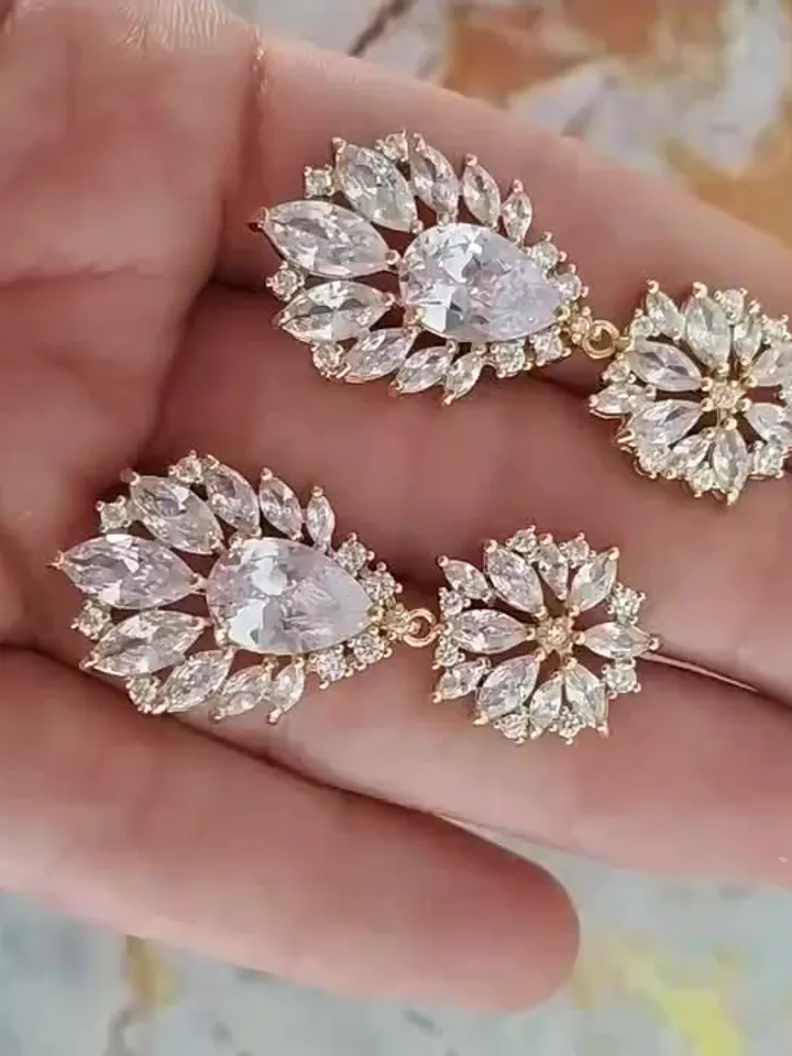 Diamond Gold Wedding Earrings | Flowers Bridal Earrings | Chandelier Statement CZ Earrings | Gold Jewelry for Bride | Bridal Jewelry |