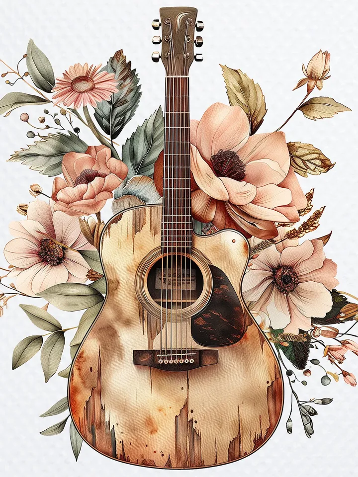 10 Vintage Floral Guitar Clipart, Printable Watercolor clipart, High Quality JPGs, Digital download, Paper craft, junk journals