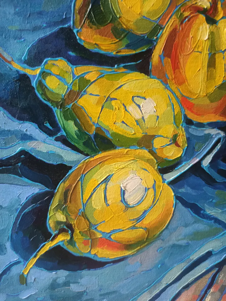 Bright still life with fruits, Pears, Original oil painting, canvas on cardboard 25x25 cm, Kitchen decor