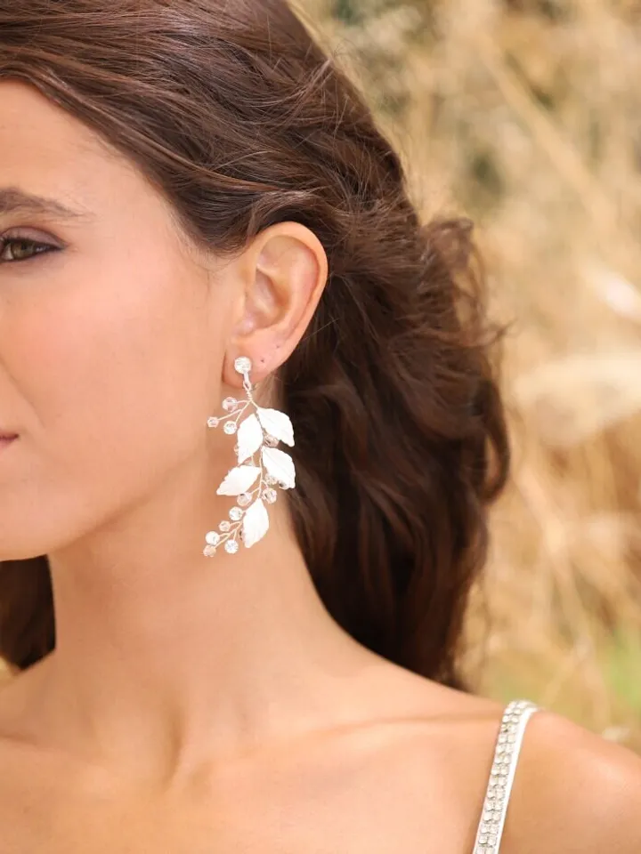 Swarovski Crystal Bridal Drop Earrings | Leaf Wedding Earrings | Boho Crystal Drop Earrings | Rose Gold Crystal Statement Wedding Earrings