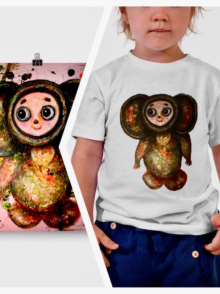 Cheburashka Toddler Short Sleeve Tee made with my original mix media painting,special kids gift,designer toddler wear,unique handmade shirt