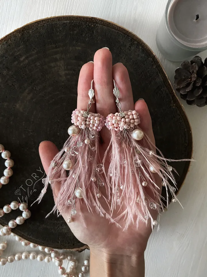 Pink Earrings, feather earrings,Long earrings, Ostrich feather earrings, wedding earrings,Dusty pink earrings, Earrings