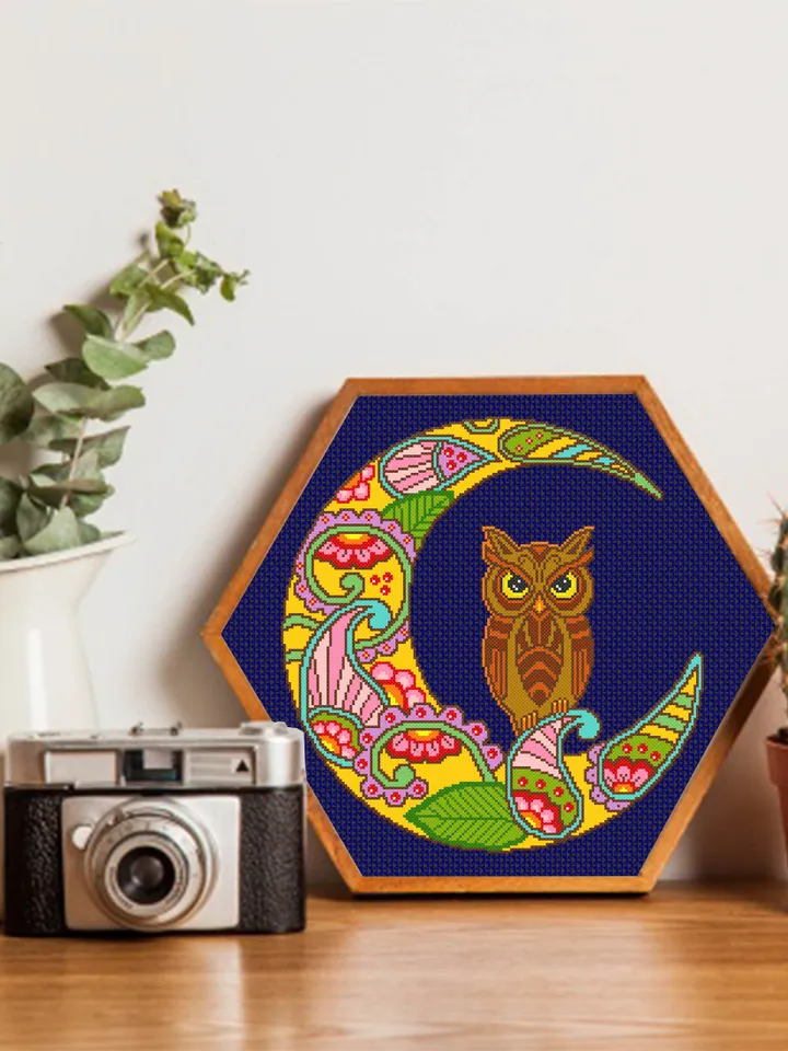 Crescent moon cross stitch pattern download PDF, Colorful mandala cross stitch, Mandala pattern digital PDF, Owl cross stitch chart #M98