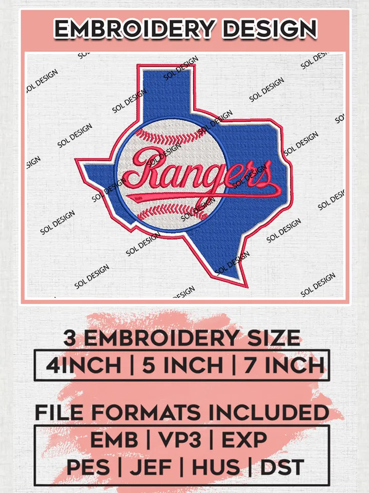 Rangers MLB Map Logo Embroidery Design Files, MLB Texas Rangers Team Embroidery, MLB Teams, 3 sizes, MLB Machine embroidery designs, Digital Download