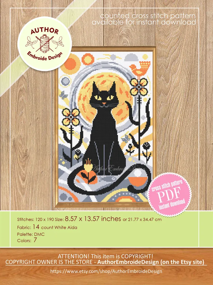 Boho cat cross stitch pattern PDF download Boho cross stitch chart, Abstract pattern digital PDF, Black cat embroidery, Boho wall decor #K23