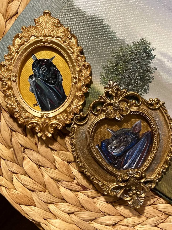 Bat Painting Original Framed Small Oil Painting Gold Frame