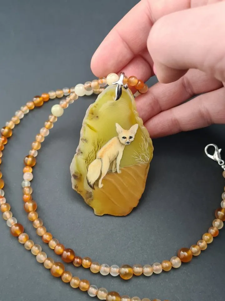 Desert fox fenech leather necklace Hand painted jewelry miniature painting