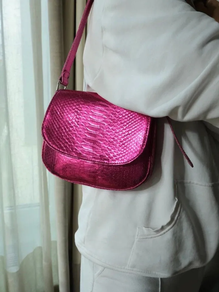 Genuine python skin small top handle shoulder pink foil bag | hot pink metal purse | classy funky designer leather bag | party bag leather