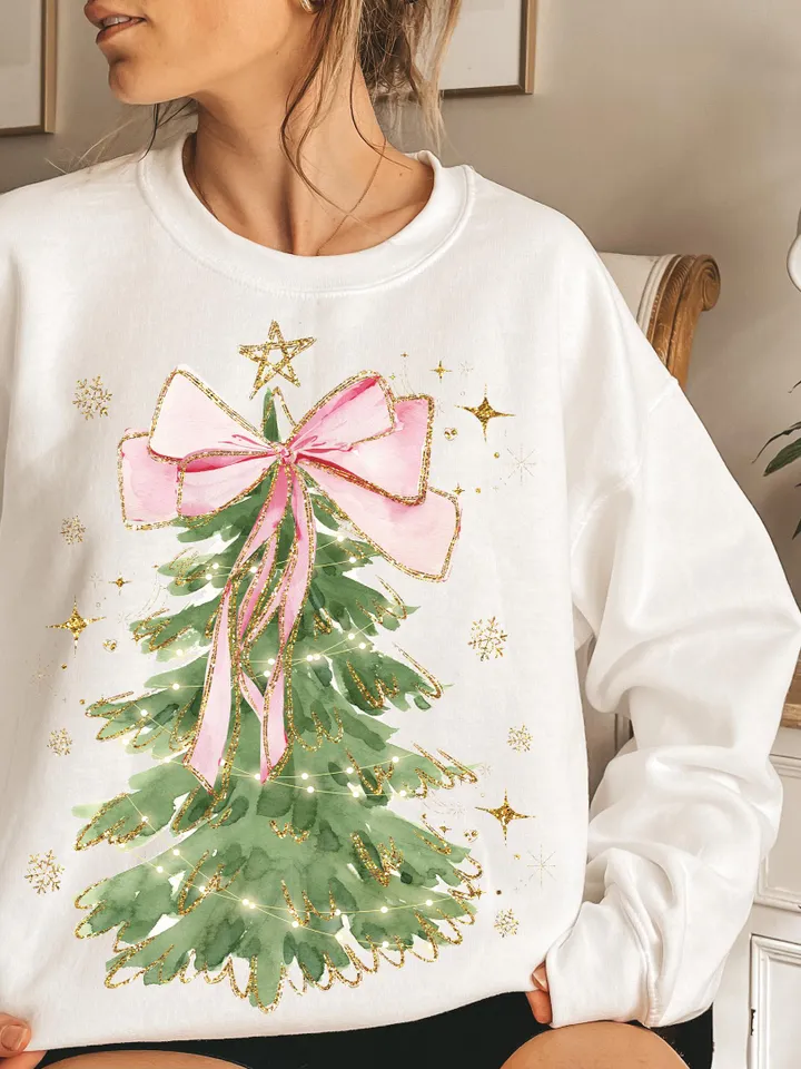 Coquette Glitter Christmas Tree Png, Watercolor Christmas Tree Girly, Merry Christmas Coquette Bow Tree Png, Christmas Lights Hand Drawn