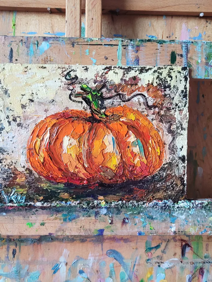 Pumpkin Painting Kitchen Wall Art Impasto Oil Painting 5x7 Fall Original Art Vegetable Wall Art Food Artwork Farmhouse Art Halloween by ArtFromVictoria
