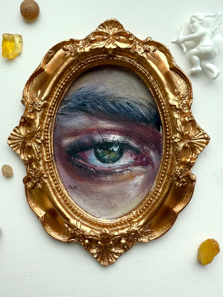 Original Framed Lover's Eye Antique Painting Illustration Vintage Style Small