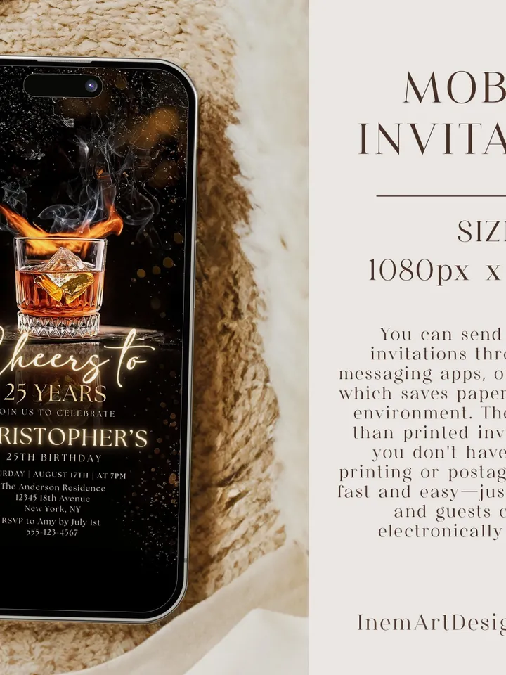 Whiskey Birthday Invitation, Cheers to 25 Years, Editable Canva Invite, Adult Men Party, Cognac Scotch Liquor