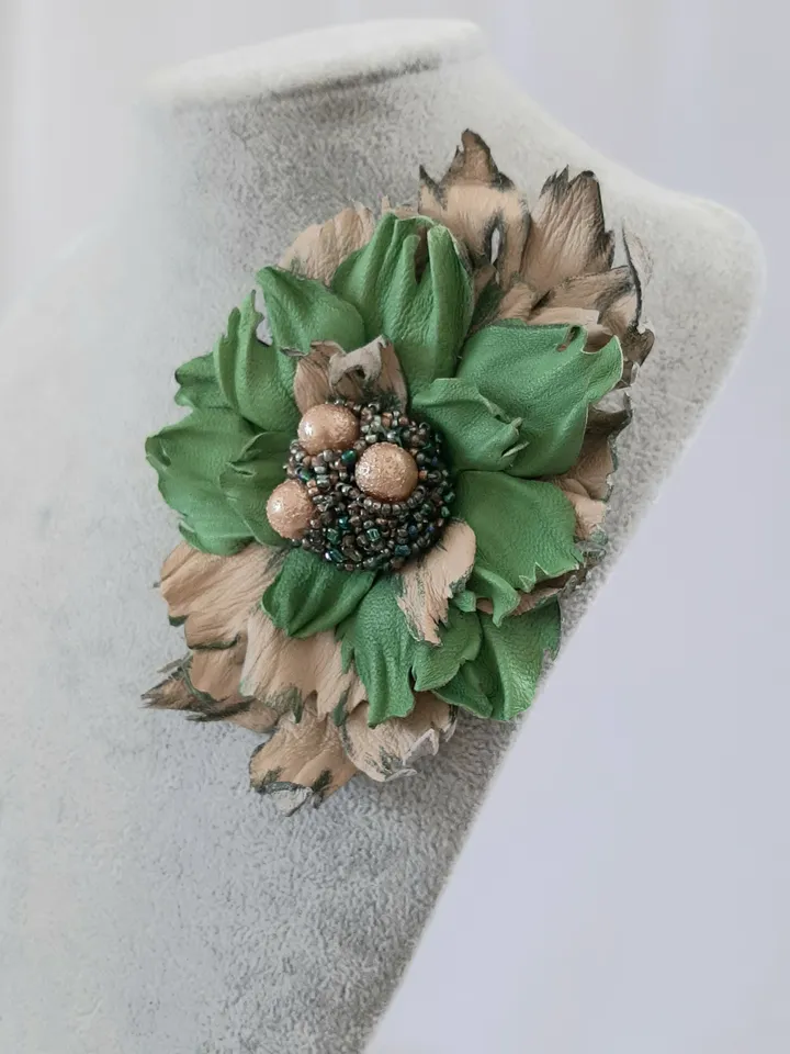 Green leather brooch for her , 3rd anniversary gift for wife, Leather women's jewelry