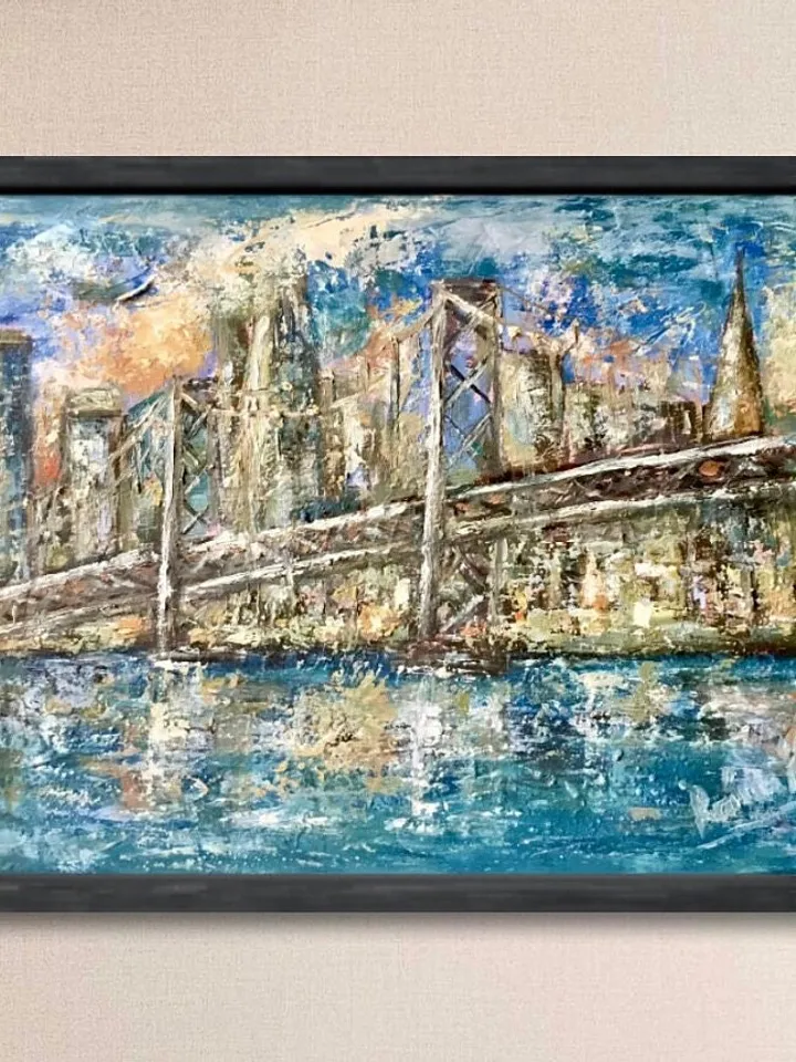 San Francisco at sunset,original oil painting stretched canvas,textured impasto cityscape,USA bridges and cities wall hanging,,large canvas