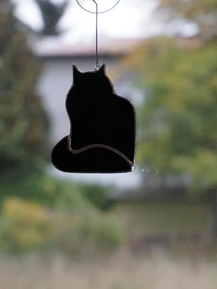 Fluffy Long Hair Cat , Stained glass window hanging or sitters on shelf Suncatcher , black , white , gray , brown mottled , cocoa , amber