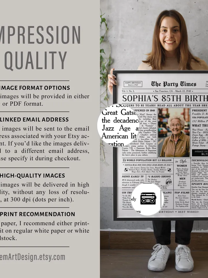 85th Birthday Gift for Women or Men, 1940 Newspaper Birthday Poster, Back in 1940 Sign, 85th Birthday Ideas, 1940 Highlights
