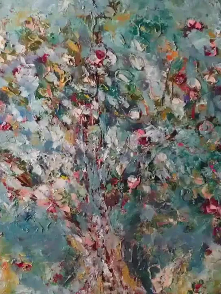 Apple tree original oil impasto style textured painting on stretched canvas,home decoration,impressionistic,large canvas wall art