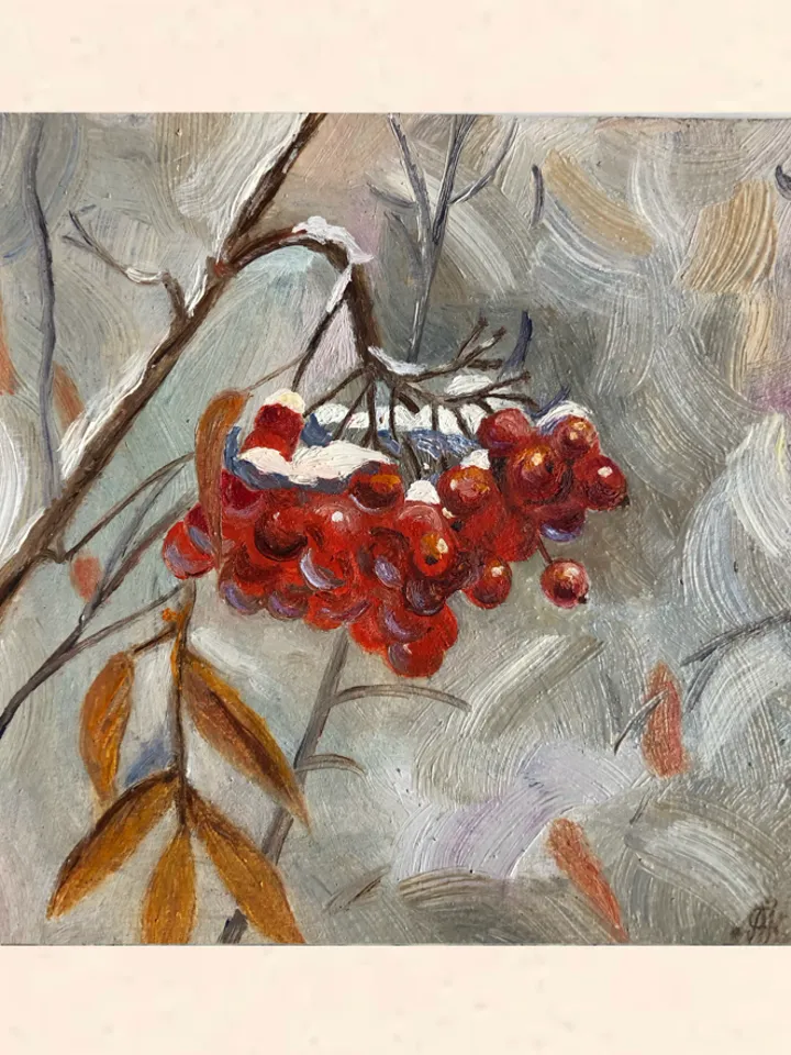 Red mountain ash original oil painting handmade wall art on cardboard 6x6 inches modern art