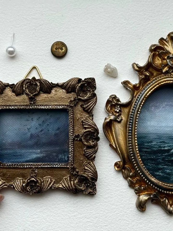 Small Landscape Painting Framed Original Storm Waves Antique Ocean Art Coastal Antique Frame Tiny Paintings 3 x 4 Art Victorian artwork