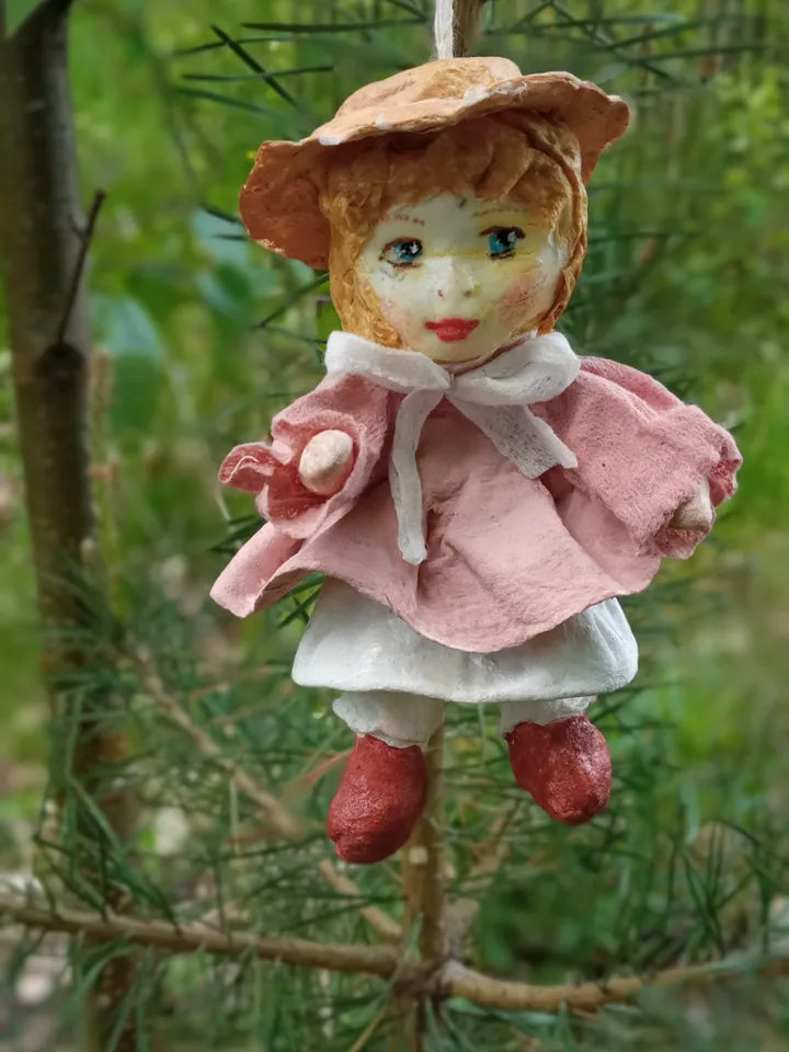 Christmas cotton toy pendant for the Christmas tree. Xmas family souvenir. An original Diy gift. Author's doll made of handmade cotton wool. A gift for her. Interior doll. Gifts from the hear. Little beautiful blonde doll. Christmas gifts. Xmas presents M