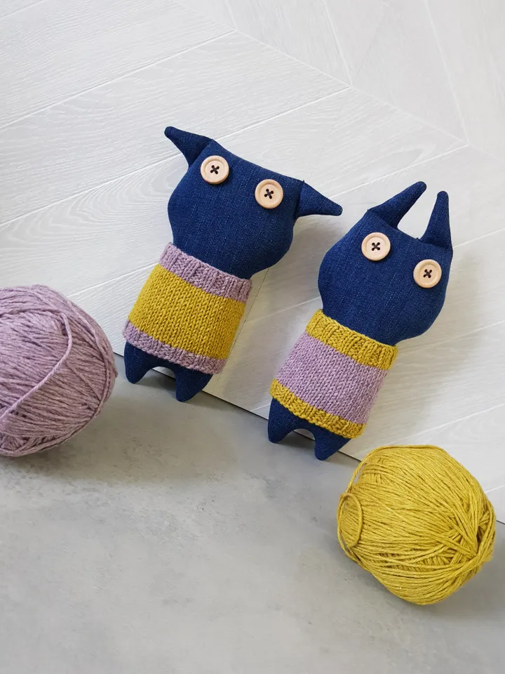 Stuffed animals patterns PDF for sewing and knitting Cat and Rabbit of denim, set of 2 tutorials