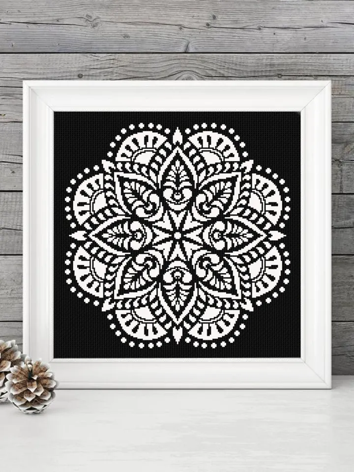 Mandala cross stitch pattern download PDF Flower mandala digital Beginner stitch Monochrome cross stitch Simple modern xstitch chart #M172