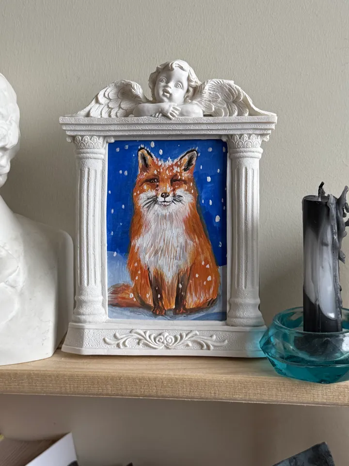 Fox Gouache Painting Original In Vintage Style Frame Small Framed Animals Wildlife Art