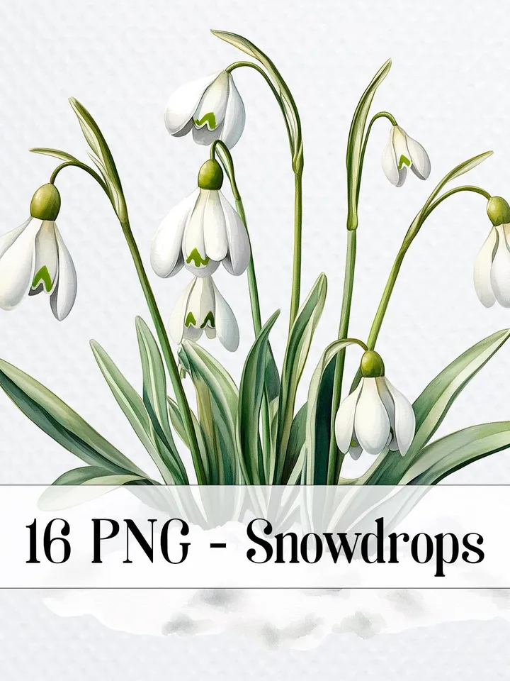 16 Snowdrops Bundle, Spring Flowers Printable Watercolor PNG Digital Clipart for sublimation, High Quality PNGs, Paper craft, junk journals