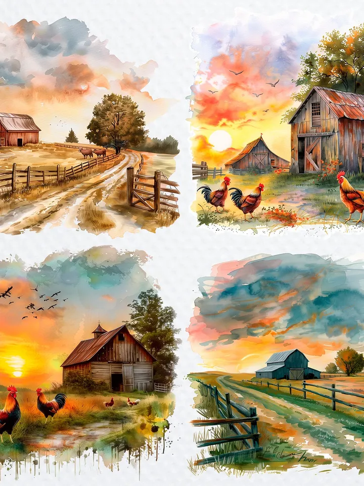 20 Farmyard in Sunrise Clipart, Printable Watercolor Farm landscape clipart for sublimation, High Resolution, junk journal, Paper craft