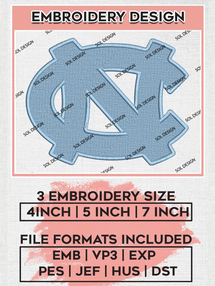 North Carolina Tar Heels College Team Logo Embroidery Design Files, NCAA North Carolina Tar Heels Machine Embroidery, NCAA Teams, 3 sizes, NCAA Machine embroidery designs, Digital Download