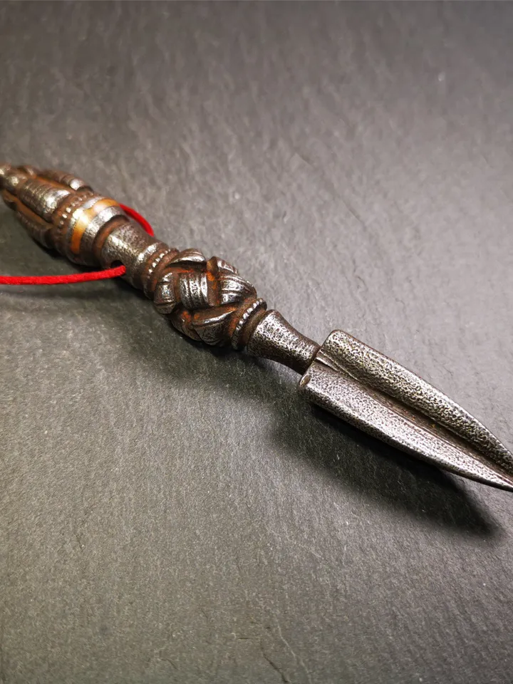 Gandhanra Handmade Tibetan Buddhist Ritual Implement - Kila -Dorje Phurba,Made of Cold Iron inlaid with Copper,5.1"