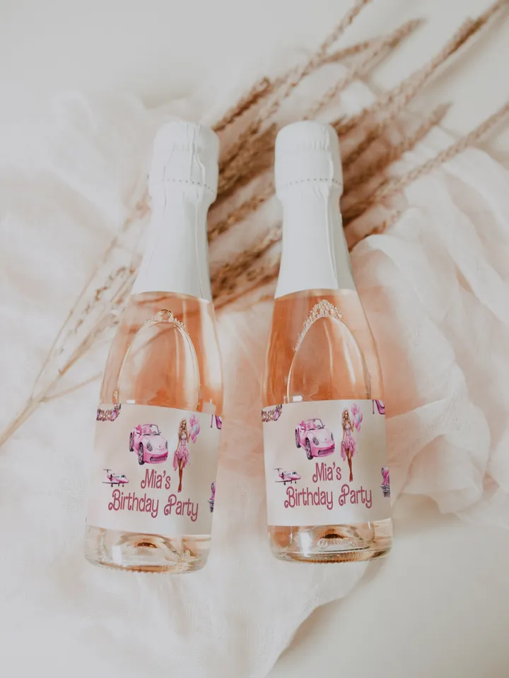 Doll water label champagne label; hot pink doll party birthday editable template; cute doll girl birthday party bar12