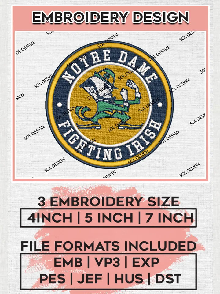 NCAA Notre Dame Fighting Irish Round Logo Embroidery, NCAA Notre Dame Fighting Irish Embroidery Design files, NCAA Teams, NCAA Machine embroidery designs, Digital Download